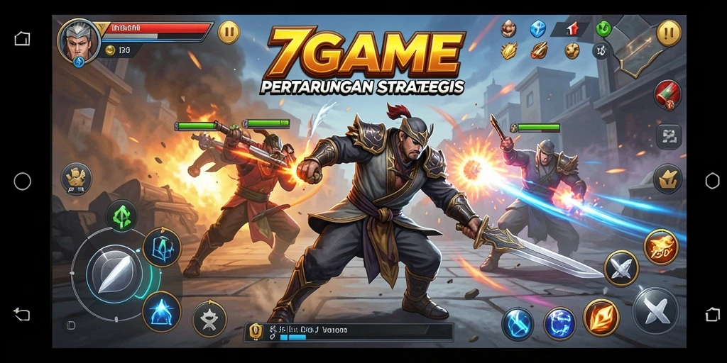 Screenshot gameplay 7GAME menampilkan pertempuran strategis yang intens.