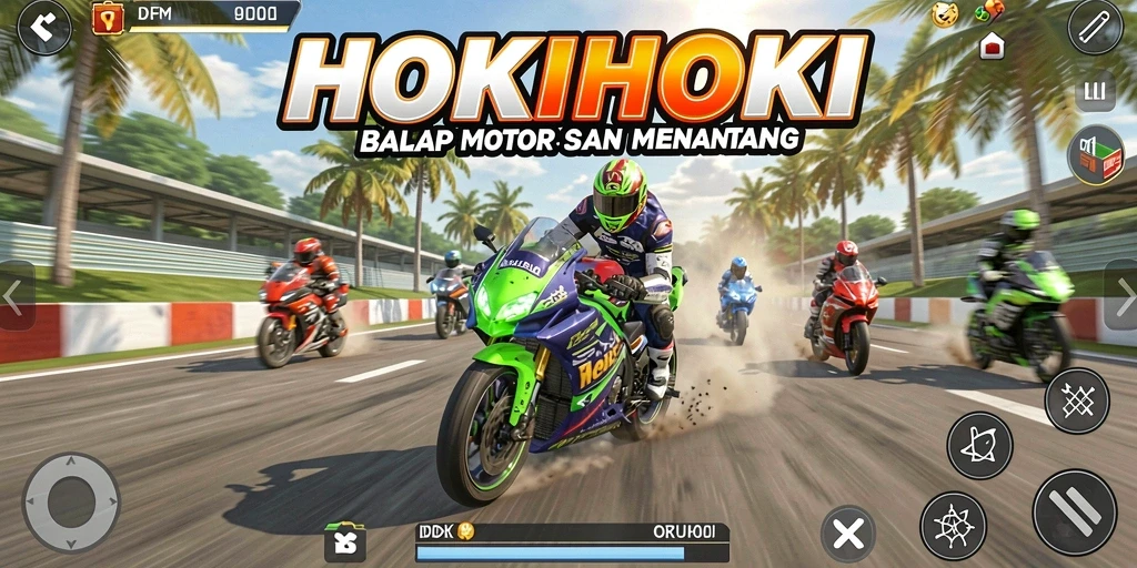 Gameplay HOKIHOKI yang menegangkan dengan balapan motor yang cepat.