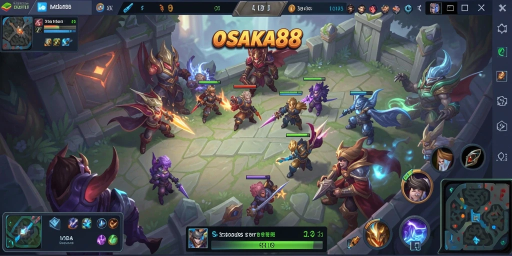 Screenshot utama OSAKA88 menampilkan pertarungan MOBA yang seru.