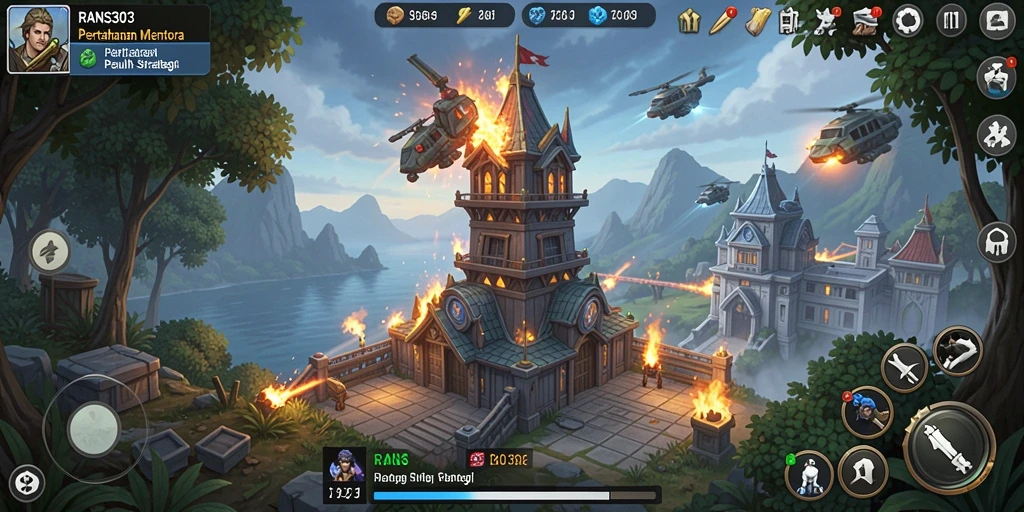 Tangkapan layar gameplay RANS303 yang menampilkan menara dan musuh dalam tindakan.