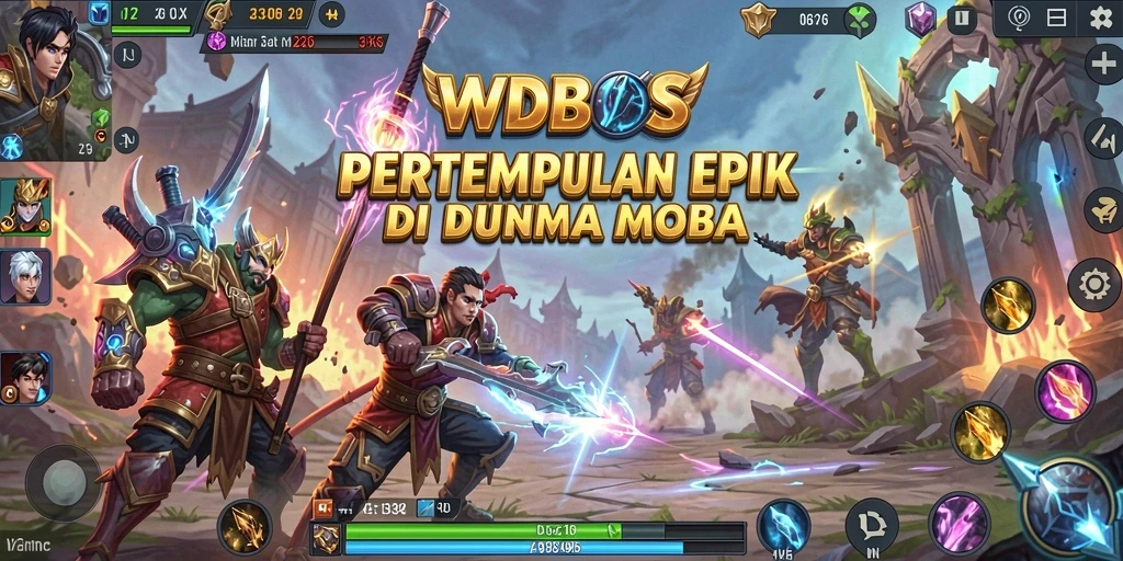 Screenshot utama WDBOS menampilkan aksi seru dalam pertempuran MOBA.